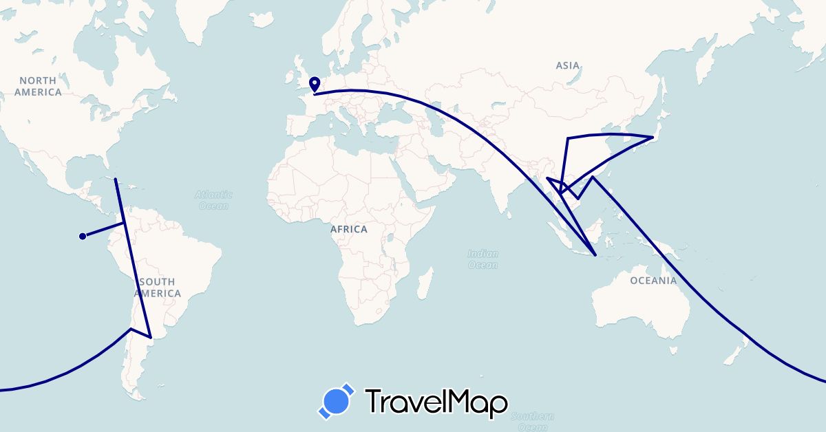 TravelMap itinerary: driving in Argentina, Chile, China, Colombia, Cuba, Ecuador, France, Hong Kong, Indonesia, Japan, Laos, Myanmar (Burma), New Zealand, Thailand, Vietnam (Asia, Europe, North America, Oceania, South America)
